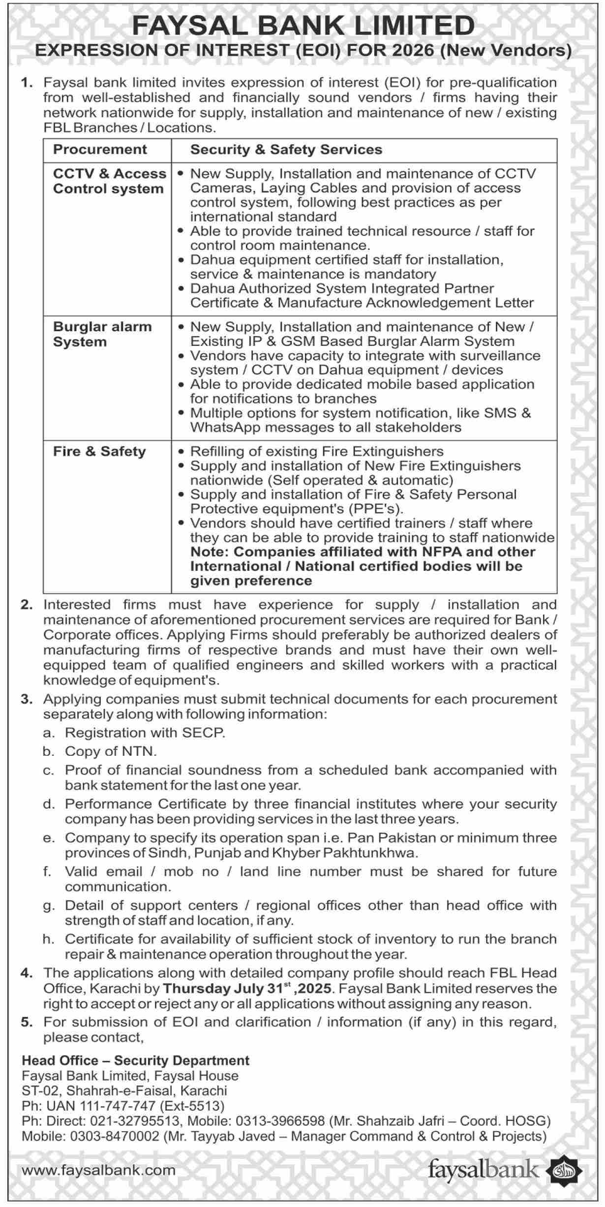 Faysal Bank Limited Tender Notice